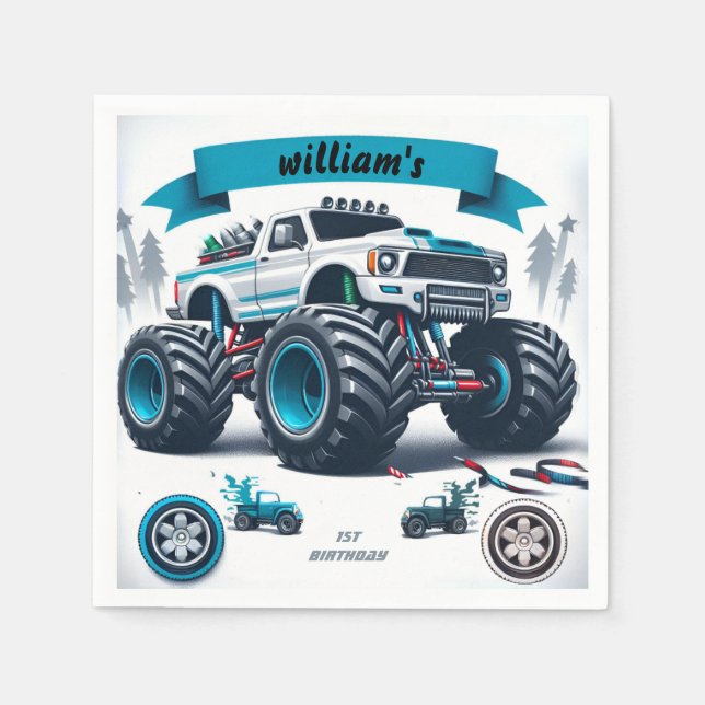 Serviette En Papier gamins garçons voitures cool monstre camion 1er an (Devant)