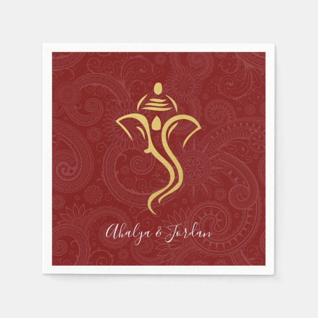 Serviette En Papier Ganesha Rouge & Or Mehndi Soirée de Mariage (Devant)