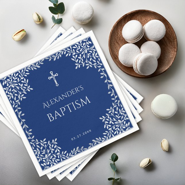 Serviette En Papier Garçon Baptême Royal Bleu Faux Argent Feuilles Élé (Créateur téléchargé)