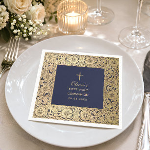 Serviette En Papier Garçon Première Communion Bleu Nuit Vintage Roses 