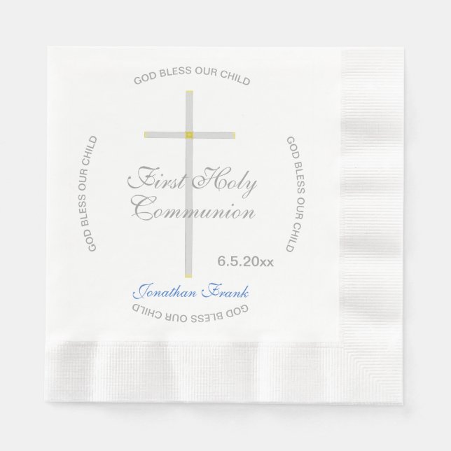Serviette En Papier Garçon Première Sainte Communion Croix Nom bleu (Devant)