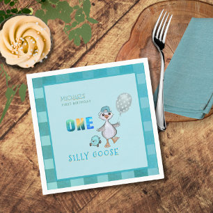 Serviette En Papier Garçon Silly Goose 1er Anniversaire Bleu Plaid