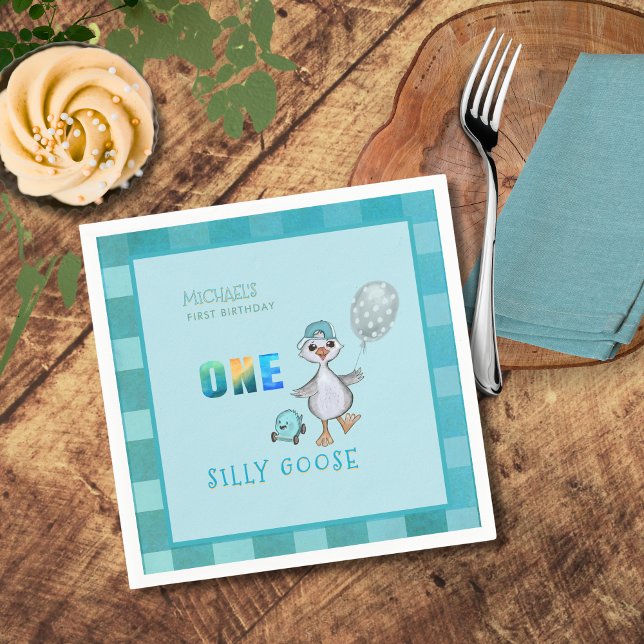 Serviette En Papier Garçon Silly Goose 1er Anniversaire Bleu Plaid (Boy Silly Goose 1st Birthday Blue Plaid Napkins)