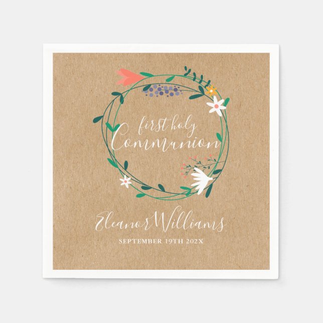 Serviette En Papier Garland floral rustique Première communion sainte (Devant)