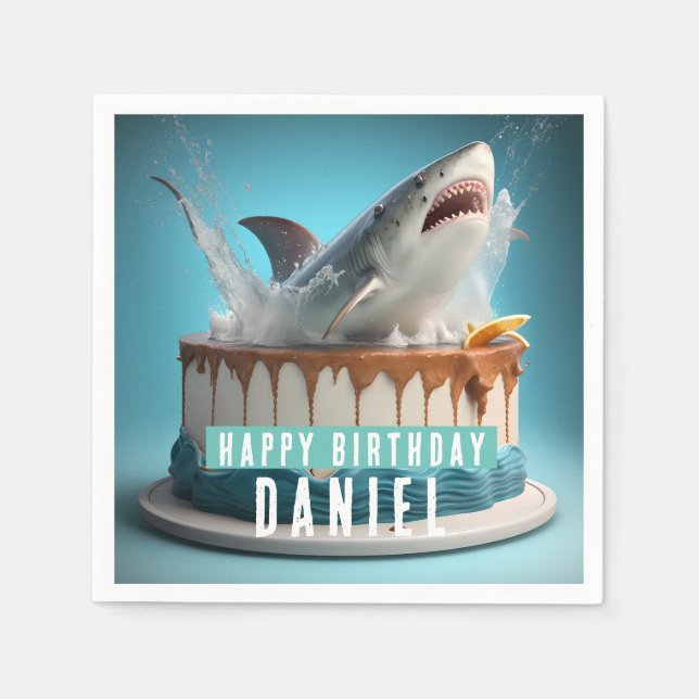 Serviette En Papier Gâteau d'anniversaire sur le thème du requin (Devant)