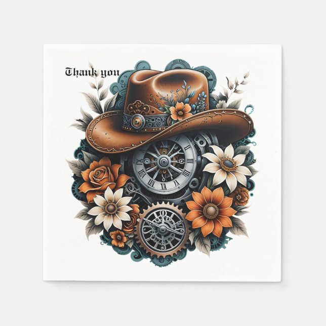 Serviette En Papier Gears en fleurs : Steampunk style cowboy. (Devant)