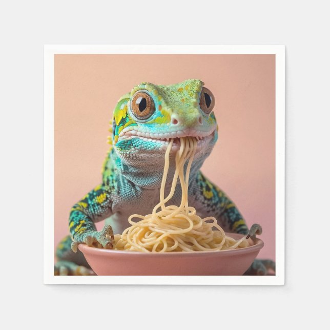 Serviette En Papier Gecko Drôle Manger Spaghetti (Devant)