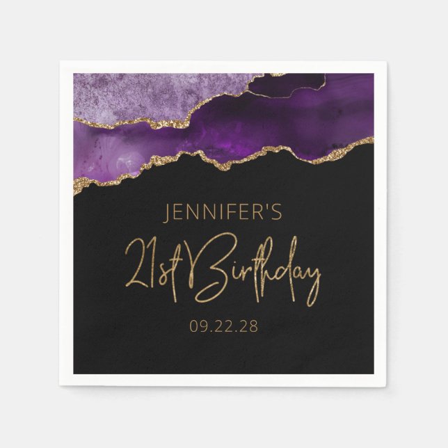 Serviette En Papier Géode Agate Chic Purple Gold 21e fête d'anniversai (Devant)