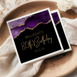 Serviette En Papier Géode d'agate chic violet or 80e anniversaire