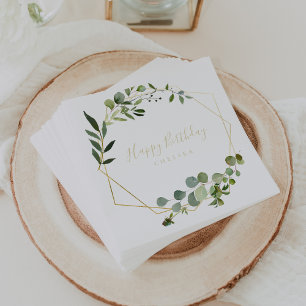 Serviette En Papier Géométrique Gold Green Calligraphie Joyeux anniver