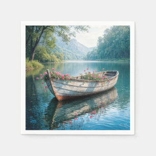 Serviette En Papier Geraniums Roses Dans Un Rowboat Rustique