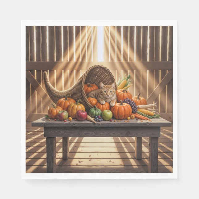 Serviette En Papier Ginger Cat In a Thanksgiving Cornucopia (Devant)