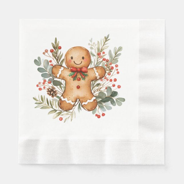 Serviette En Papier Gingerbread Man Greenery Foliage Christmas Napkin (Devant)