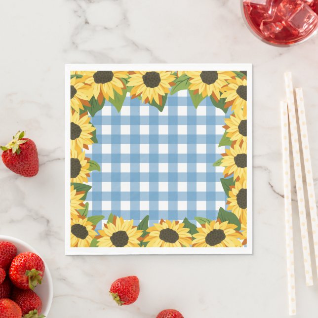 Serviette En Papier Gingham Bleu Rustique & Tournesols (En situation)