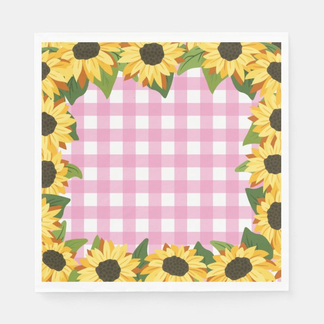 Serviette En Papier Gingham rose et tournesols (Devant)