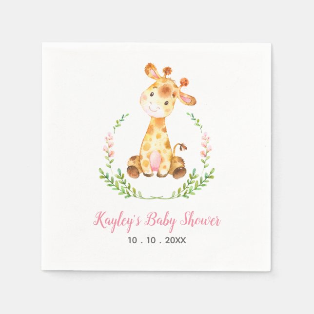 Serviette En Papier Giraffe Baby shower Napkin (Girl Safari Animal) (Devant)