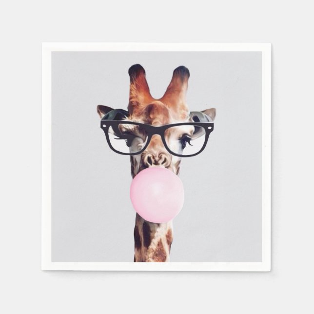 SERVIETTE EN PAPIER GIRAFFE PORTANT DES LUNETTES SOUFFLANT UNE BULLE D (Devant)