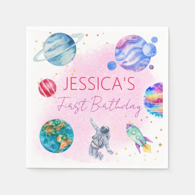 Serviette En Papier Girl Astronaut Gold Rose Rocket Ship Planet (Devant)