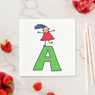 Serviette En Papier Girl Dancing on Green Letter A Fun Alphabet