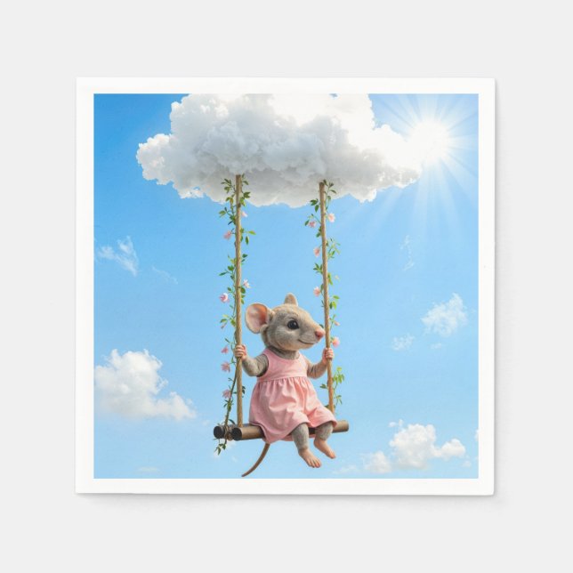 Serviette En Papier Girl Mouse In a Pink Dress On a Swing (Devant)