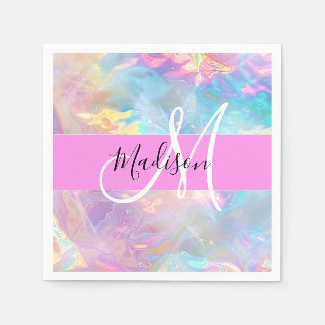 Serviette En Papier Girl Rainbow Holographic Iridescente Monogramme No (Devant)