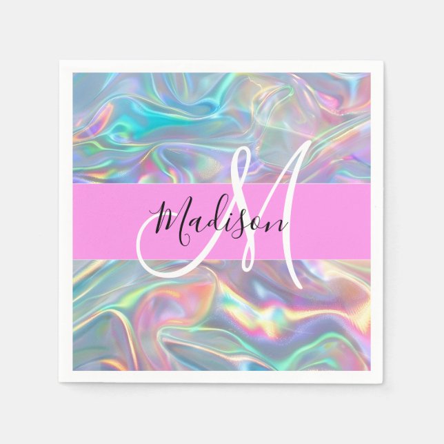 Serviette En Papier Girl Rainbow Holographic Iridescente Monogramme No (Devant)