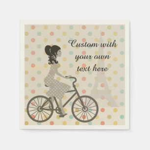 Serviette En Papier Girl Riding Bike in Paris Polka Dot Custom Text