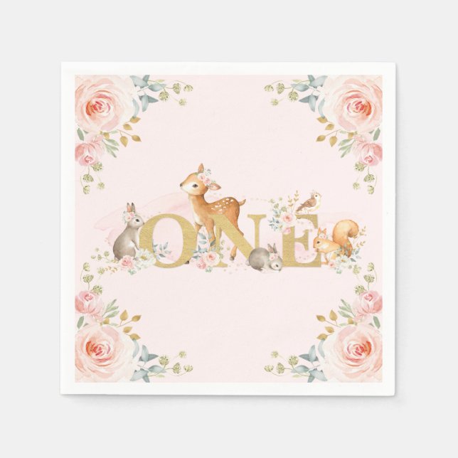 Serviette En Papier Girl Woodland 1er anniversaire Pink Gold Floral (Devant)
