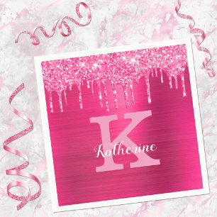 Serviette En Papier Girly Hot Pink Glitter Drips Glam Monogram