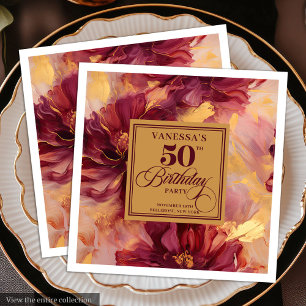 Serviette En Papier Glam Boho Bourgogne Rose Doré Floral 50e Anniversa