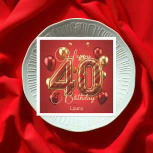 Serviette En Papier Glam de luxe Rouge et or 40e anniversaire Célébrat