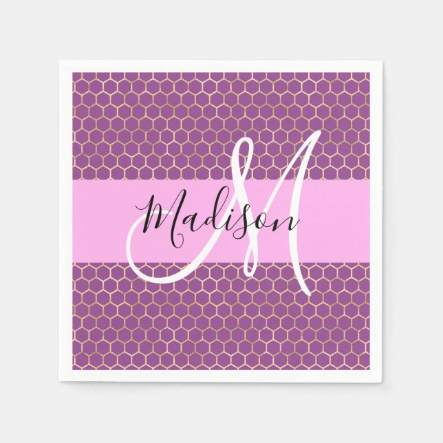 Serviette En Papier Glam Fuchsia Métallisé Rose Nid d'abeille Monogram (Devant)