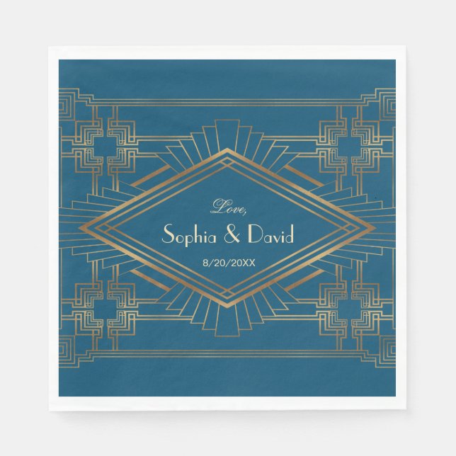 Serviette En Papier Glam Gold Great Gatsby Ocean Blue Mariage (Devant)