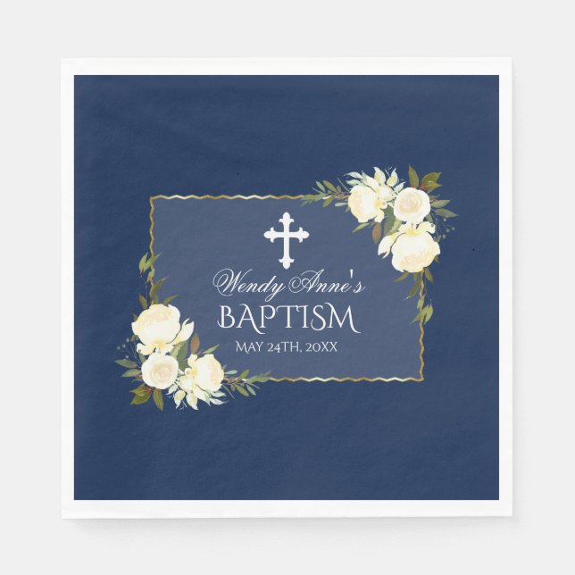 Serviette En Papier Glam Gold Marine Bleu Blanc Floral Invitation (Devant)