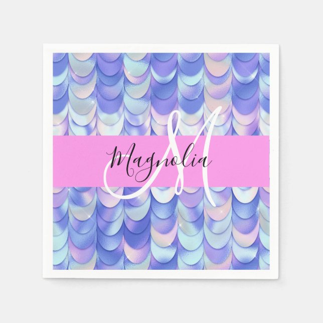 Serviette En Papier Glam Iridescente Blue Mermaid Scales Nom Monogramm (Devant)