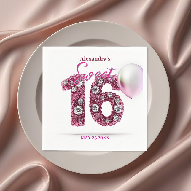 Serviette En Papier Glam pétillant rose et blanc Gemstone Sweet 16 (Créateur téléchargé)