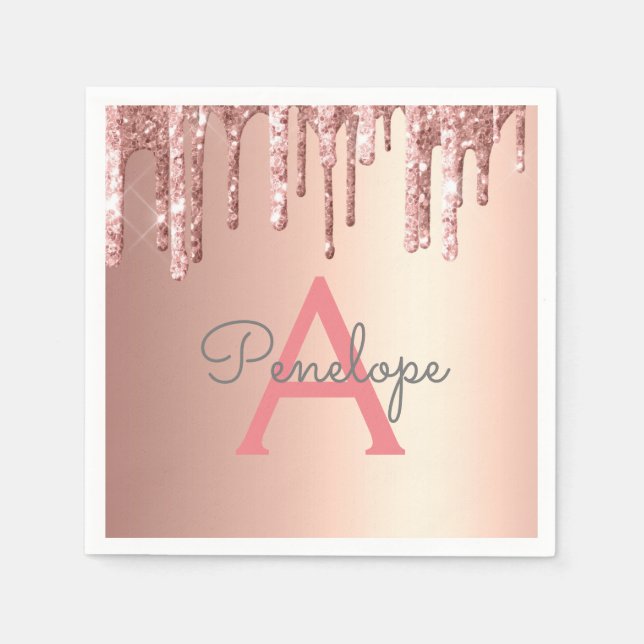 Serviette En Papier Glam rose Gold Rose Parties scintillant avec Monog (Devant)