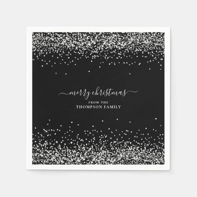 Serviette En Papier Glam Silver Nom de la Parties scintillant Joyeux N (Devant)