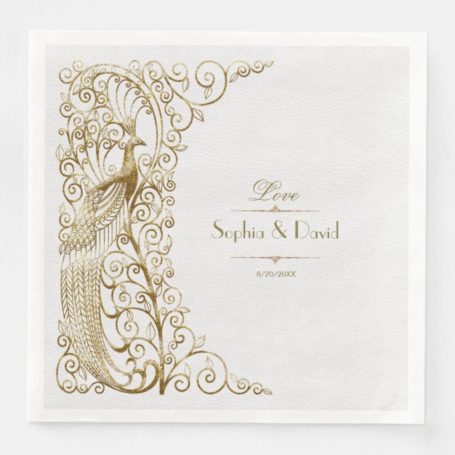 Serviette En Papier Glam White Gold Art Déco Peacocks Mariage (Devant)