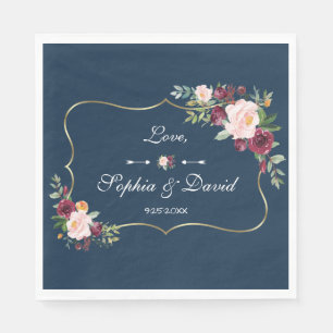 Serviette En Papier GlamGold Burgundy Blush Floral Navy Blue Mariage