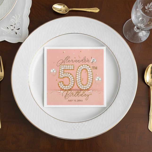 Serviette En Papier Glamorous Pearly Soft Pink and Gold 50th Birthday (Créateur téléchargé)