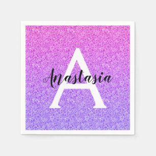Serviette En Papier Glamour Féminin Ombré Paillettes Violet Monogramme