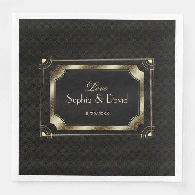 Serviette En Papier Glamour Great Gatsby Gold Black Art Déco Mariage (Devant)