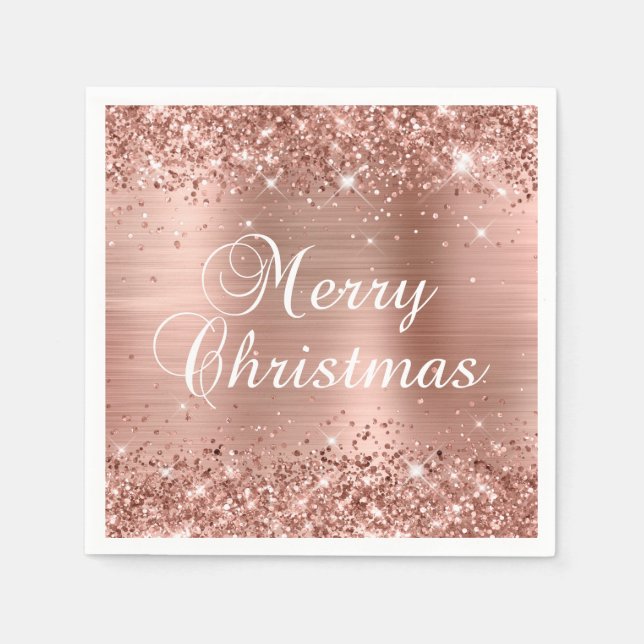 Serviette En Papier Glitter Rose Gold Foil Joyeux Noël (Devant)