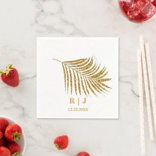 Serviette En Papier Glittery Gold Palm Leaf Monogramme Nom Mariage