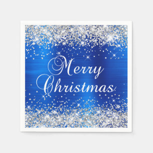 Serviette En Papier Glittery Silver et Royal Blue Joyeux Noël