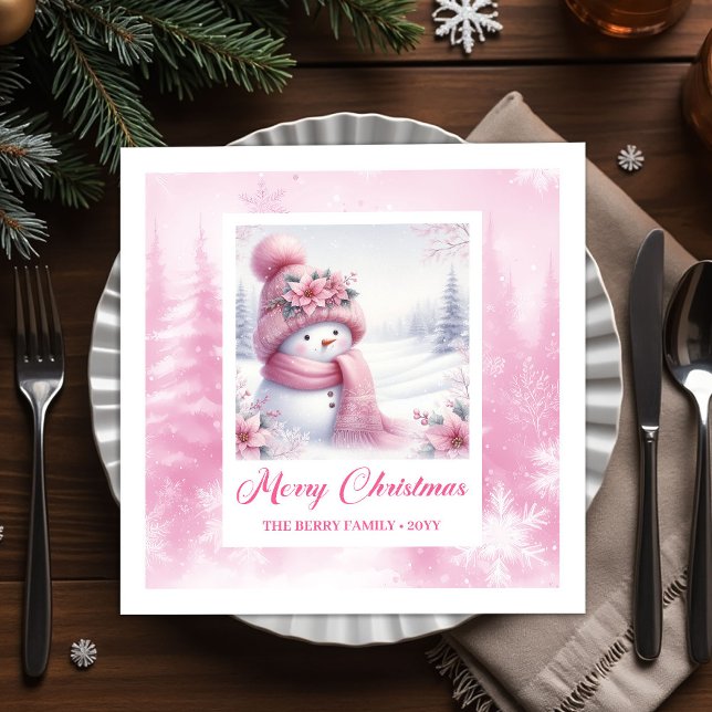 Serviette En Papier Glowing Pink Snowman Winter Forest Christmas  (Glowing Pink Snowman Winter Forest Christmas Napkins Kids)