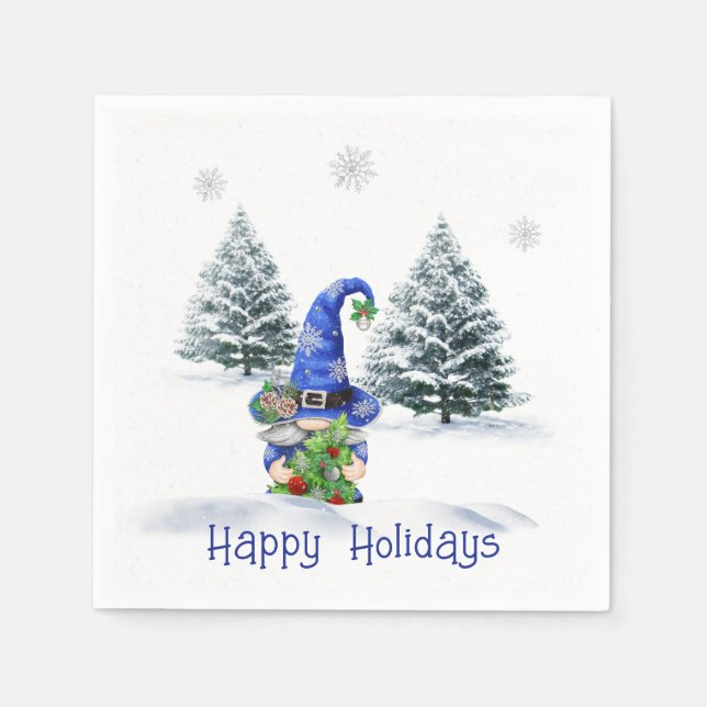 Serviette En Papier Gnome de Noël bleu avec arbre (Devant)