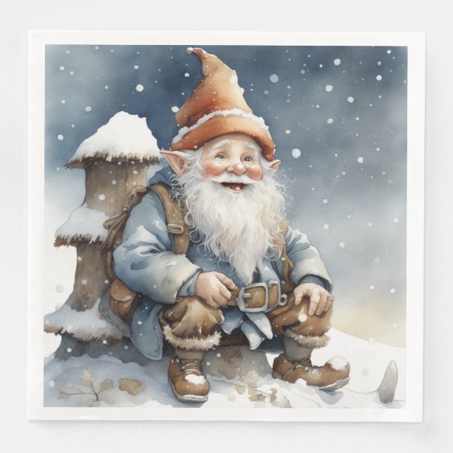 Serviette En Papier Gnome mignonne assis près d'un arbre dans la neige (Devant)