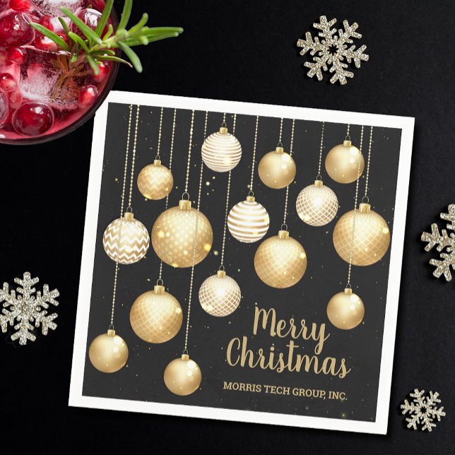 Serviette En Papier Gold Baubles Christmas Ornaments on Black Party (Gold and white Christmas tree ornaments on black holiday party cocktail napkins)